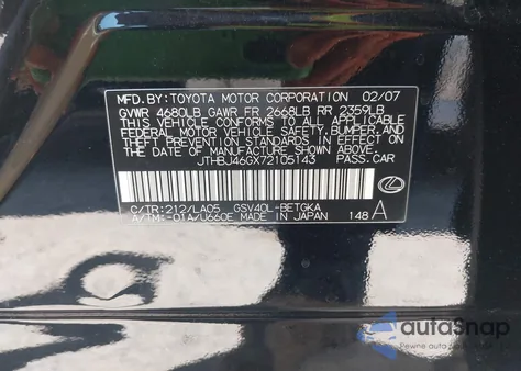 2007 Lexus Es 350 z USA, uszkodzony, nr VIN JTHBJ46GX72105143